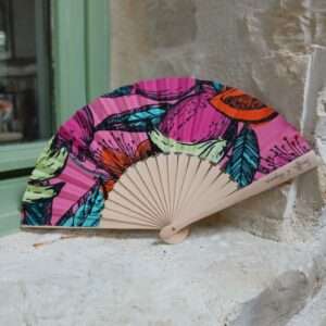 Éventail Maya Girl Power – tissu rose vif avec motifs floraux colorés