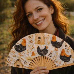 Femme souriante tenant un éventail artisanal Louise aux motifs inspirés de la campagne avec poules et feuillages, dans un décor naturel chaleureux