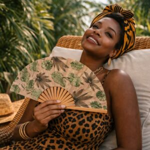 Femme élégante tenant un éventail Joséphine aux motifs feuillage tropical dans une ambiance ensoleillée et chaleureuse