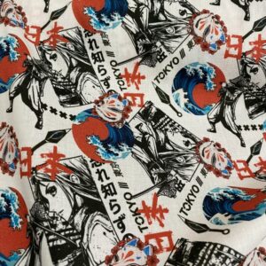 Tissu éventail motif Tokyo samouraïs vagues japonaises