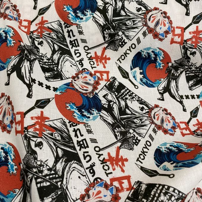 Tissu éventail motif Tokyo samouraïs vagues japonaises