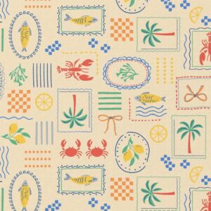 Tissu éventail motif méditerranéen crabes homards citrons