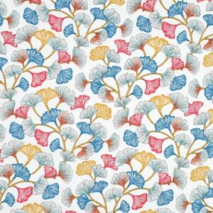 Tissu éventail motif feuilles de ginkgo bleu corail moutarde