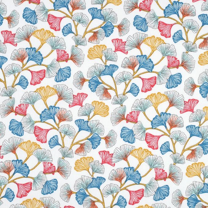 Tissu éventail motif feuilles de ginkgo bleu corail moutarde