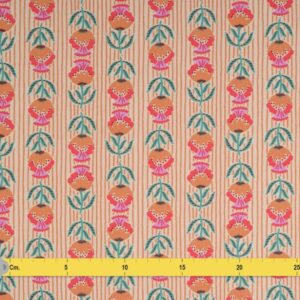 Tissu éventail motif fleurs champêtres fond rayé pastel