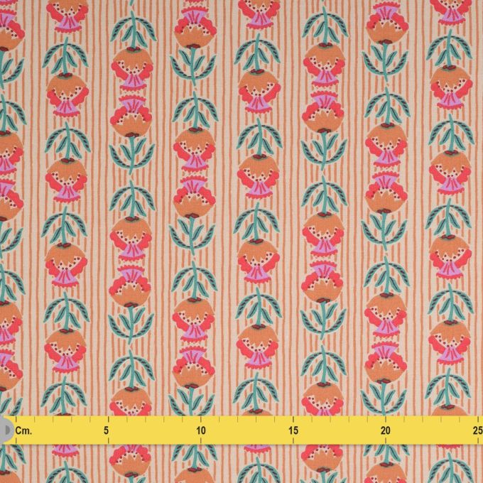 Tissu éventail motif fleurs champêtres fond rayé pastel