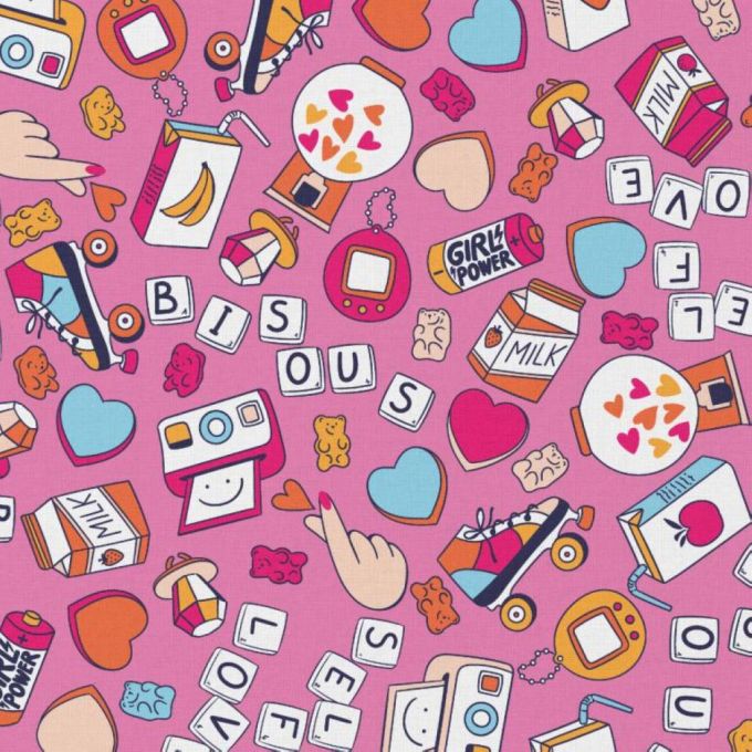 Tissu éventail motif rétro girly rose cœurs bonbons