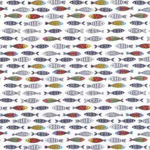 Tissu éventail motif poissons colorés fond rayé