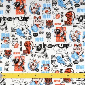 Tissu éventail motif japonisant chats tigres calligraphie