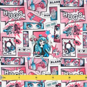 Tissu éventail motif bande dessinée pop rose bleu