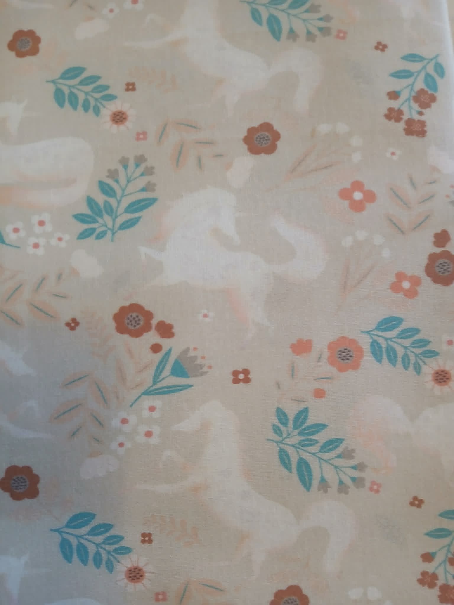 Tissu éventail motif floral beige rouille bleu canard