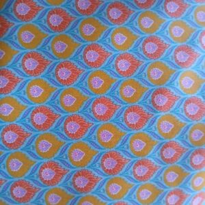 Tissu éventail motif floral ornemental turquoise moutarde