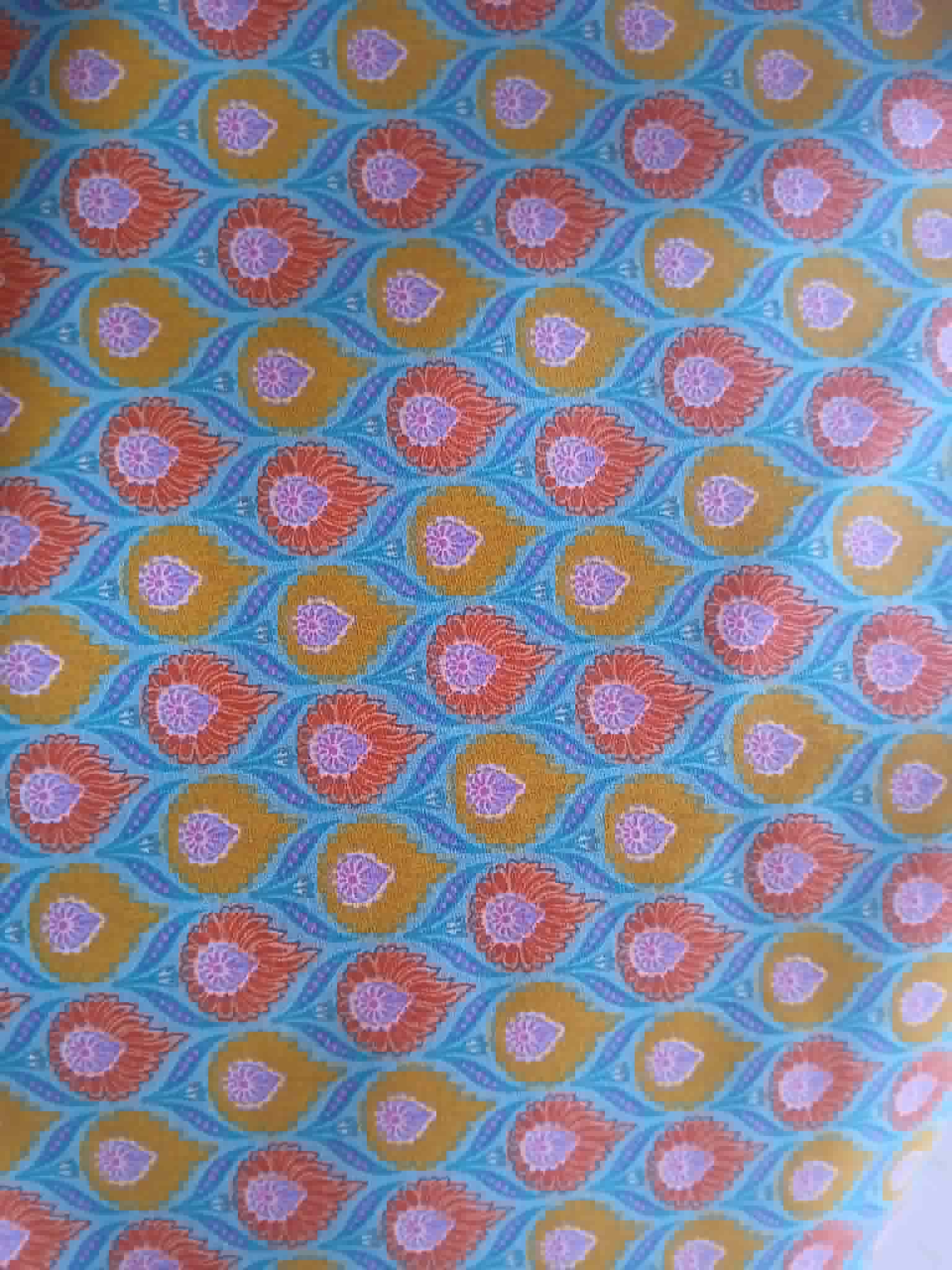 Tissu éventail motif floral ornemental turquoise moutarde