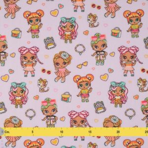 Tissu éventail motif illustré girly personnages colorés fond lilas