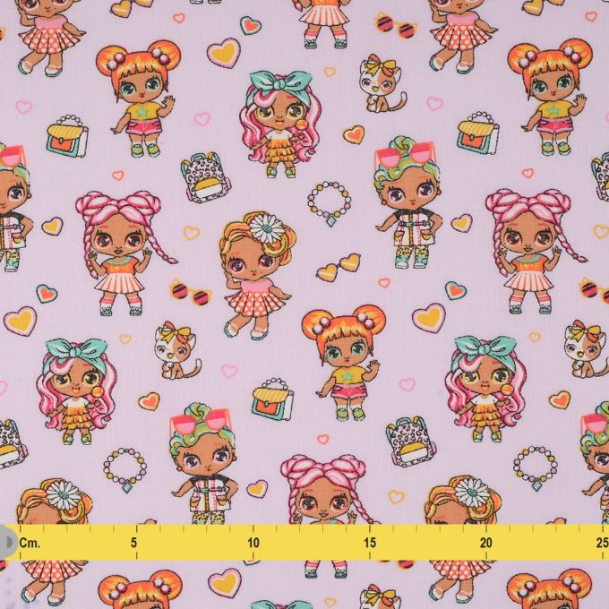 Tissu éventail motif illustré girly personnages colorés fond lilas